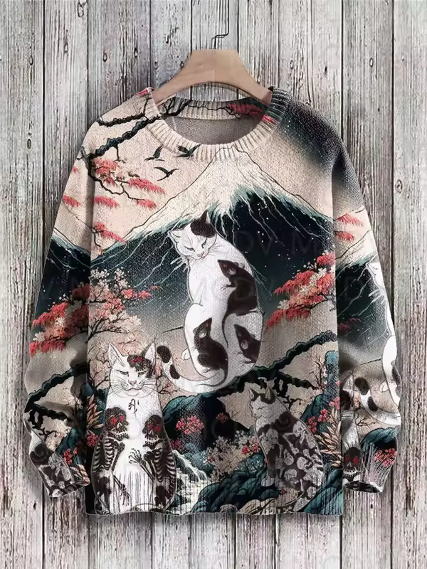 Retro Japanese Style Painting Cat Art Casual Print Knit Pullover Sweater Women For Men Sweater - Image 5