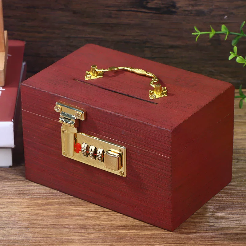 Wooden Box with Password Lock Money Saving Coin Organizer Piggy Bank for Cards Dollars Cents Kids Gift with Lock Treasure Box