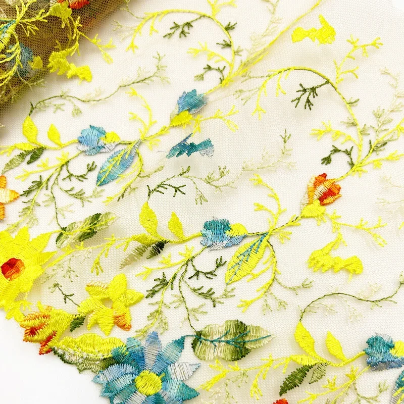 19CM Wide 20Yards Long Stunning Yellow Blue Embroidery Lace for Sewing Dress Clothing Decoration DIY Home Textile Accessory R716