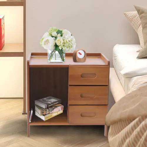 Bamboo Bedside End Table Brown Nightstand with Drawers and Open Shelf Sofa Side Stand Cupboard for Living Room Bedroom Or Office