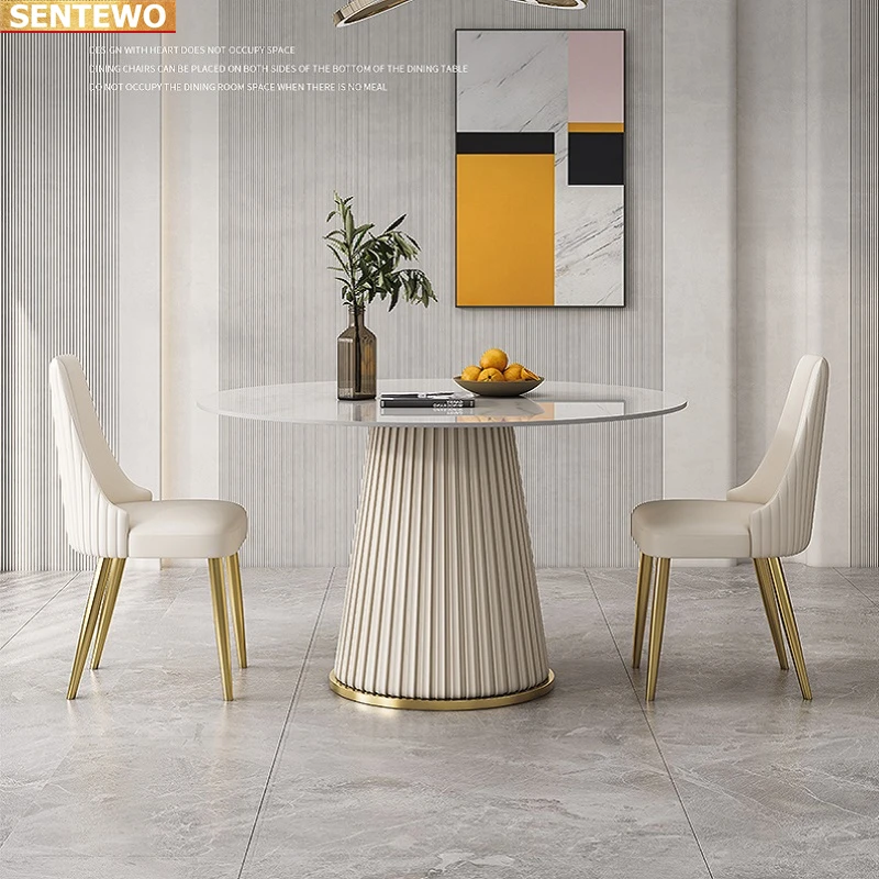 Designer Luxury round dinner Marble Rock Slab dining table set 4 6 8 chairs eettafel furniture comedor Stainless steel gold base