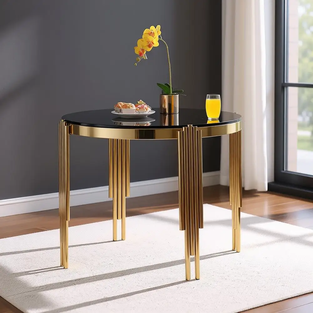 Modern Tempered Glass Circular Dining Table with Gold Stainless Steel Legs for Home Kitchen and Dining Area