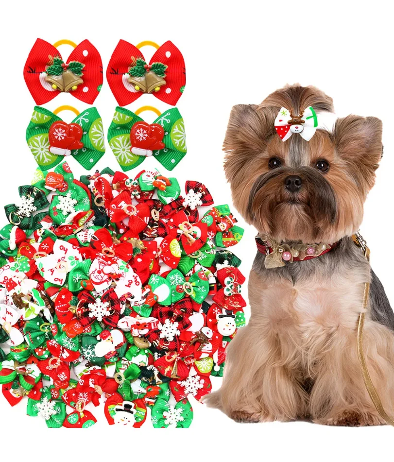

Puppy Bows 10/20/30PCS Handmade Dog Hair Accessories With Rubber Bands Christmas Party Dog Bows Pet Supplies For Dogs