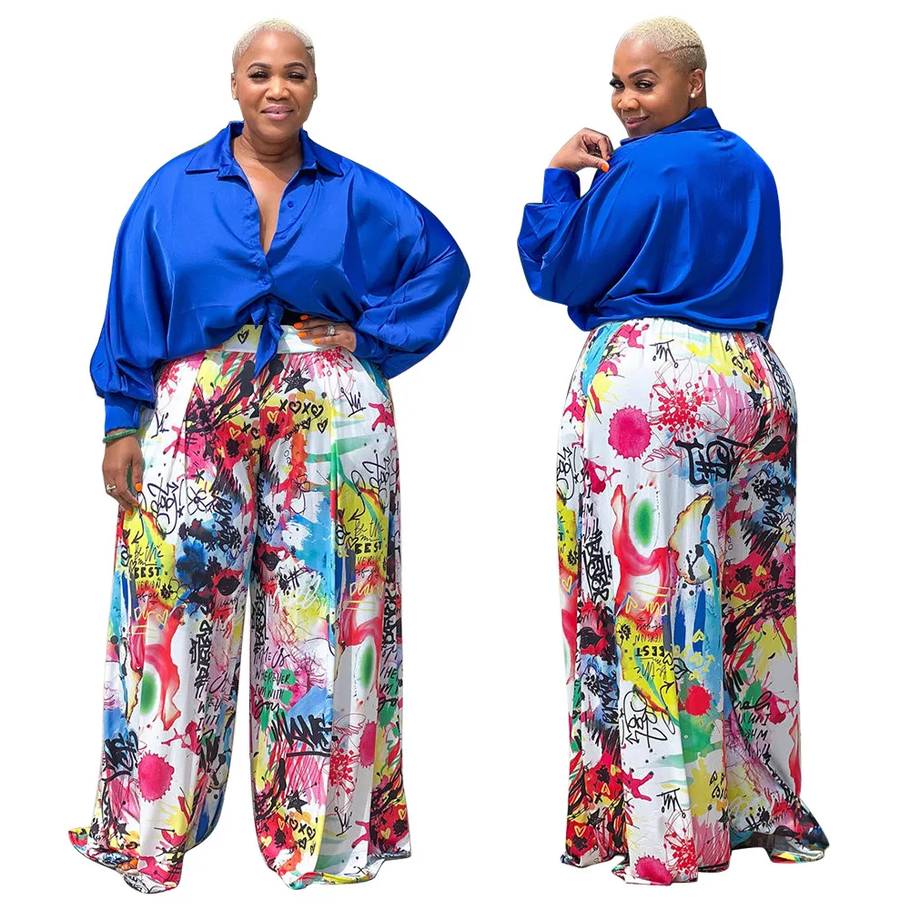 

plus Size Faionable Print Long Sve irt And Straight Leg Pants Women's Set Autumn Wear Comfortable Casual Sportswear