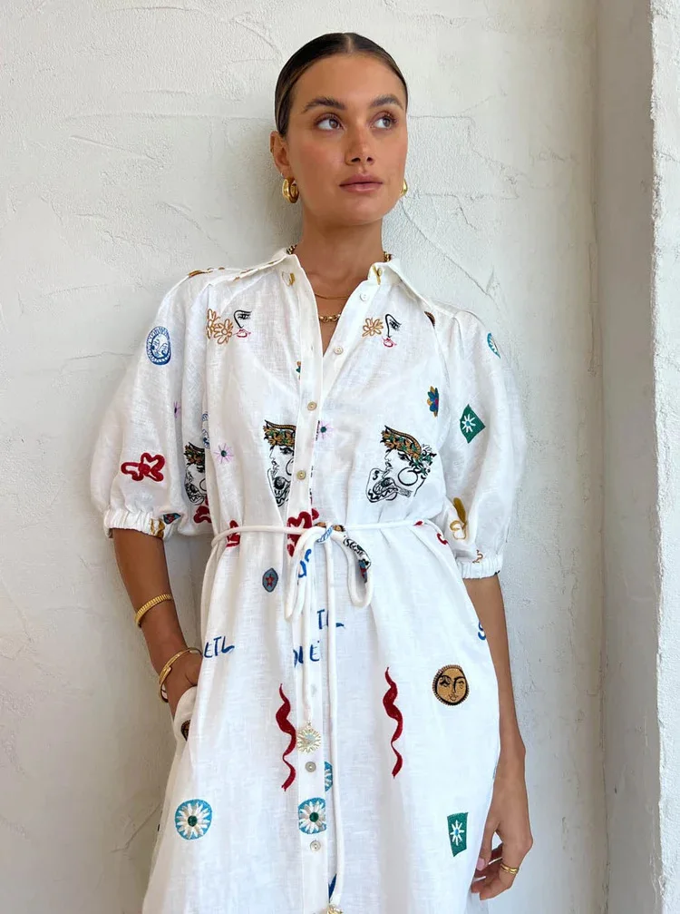 Elegant Casual Lapel Graffiti Print Shirt Dress Women Lace-up Single Breasted Commute Long Dress Fashion A-Line Cardigan Dresses