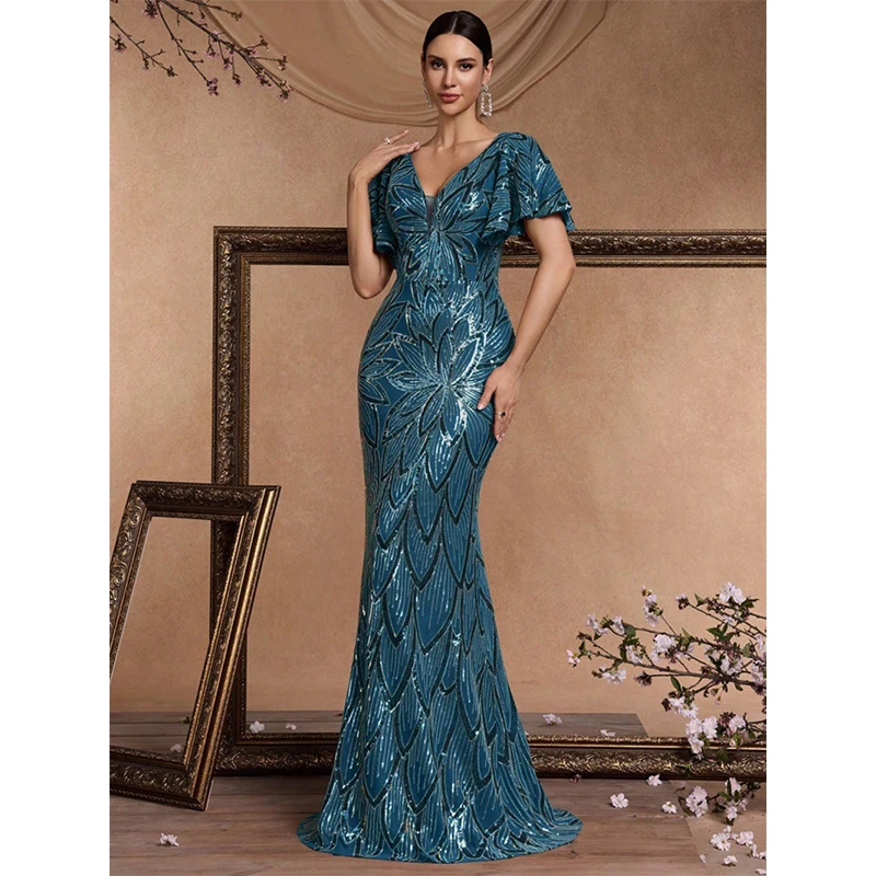 Letnia Odzież Damska Elegancka Sukienka Koktajlowa/Balowa z Rozkloszowanymi Rękawami, Głęboki Dekolt V, Niebieska, Z Cekinami, Długa Sukienka Vestido De Festa