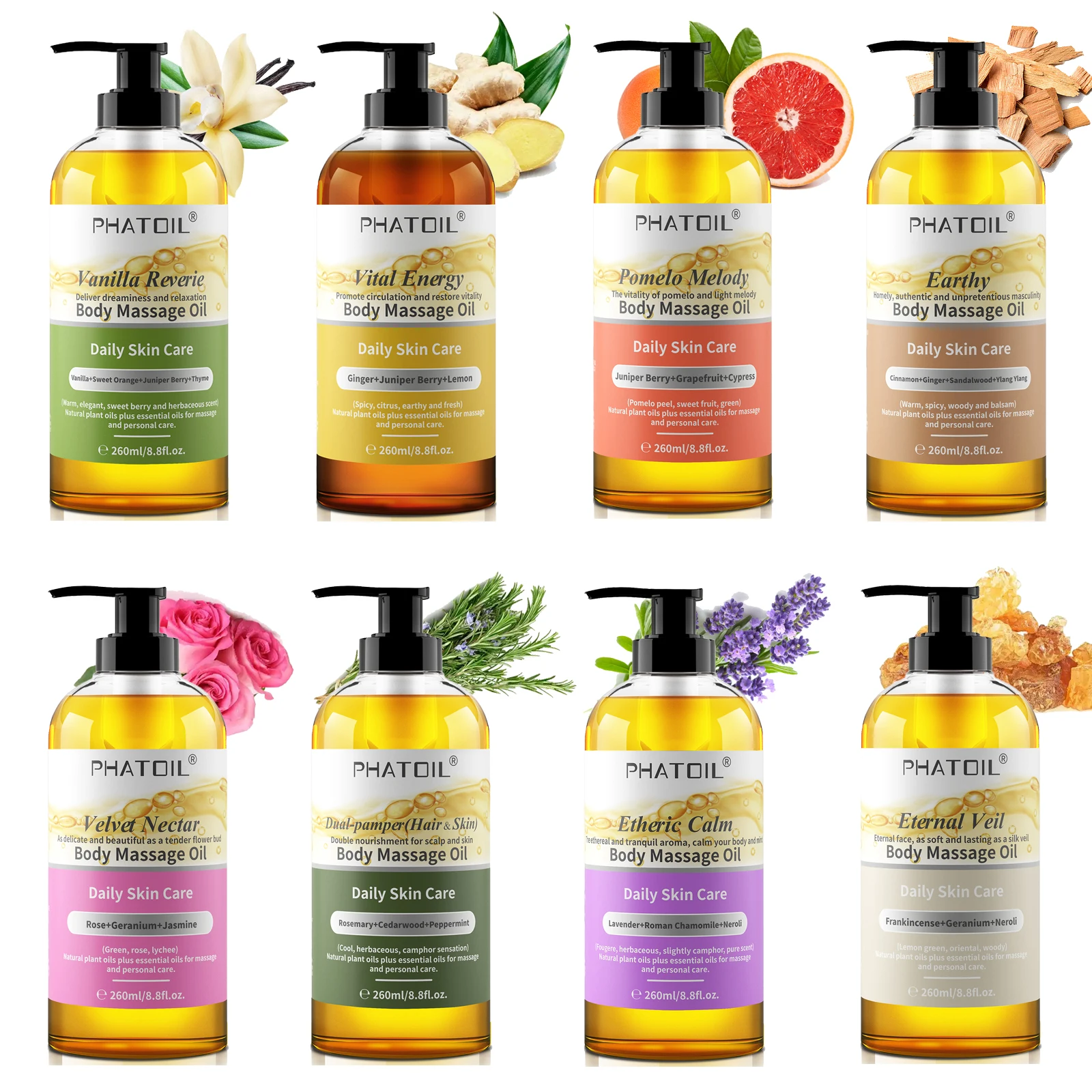 PHATOIL 260 ml Körperöl – feuchtigkeitsspendendes und beruhigendes Massageöl mit langanhaltendem Duft, Vanille-Ingwer-Rosmarin-Körperöle