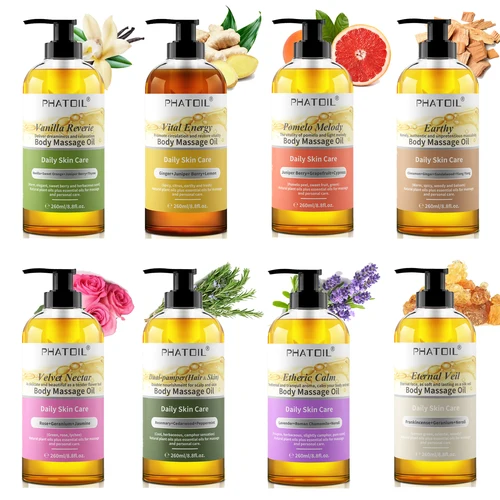 Aceite corporal PHATOIL de 260ml, aceite de masaje hidratante y calmante con fragancia duradera, aceites corporales de vainilla, jengibre y romero