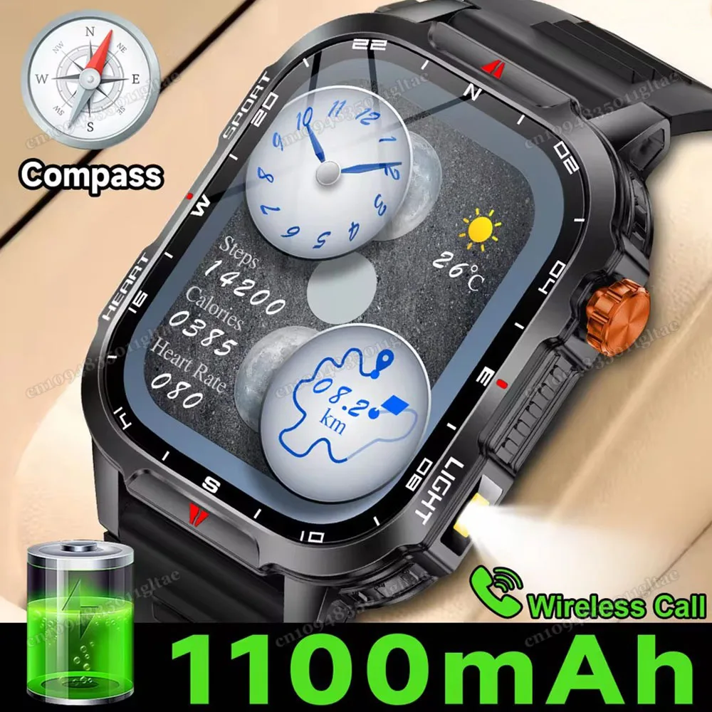 

Smart Watch 5ATM Waterproof 2.01inch Screen Flashlight Compass Men Women Outdoor Smartwatch 1100mAh Large Capacity Battery Watch