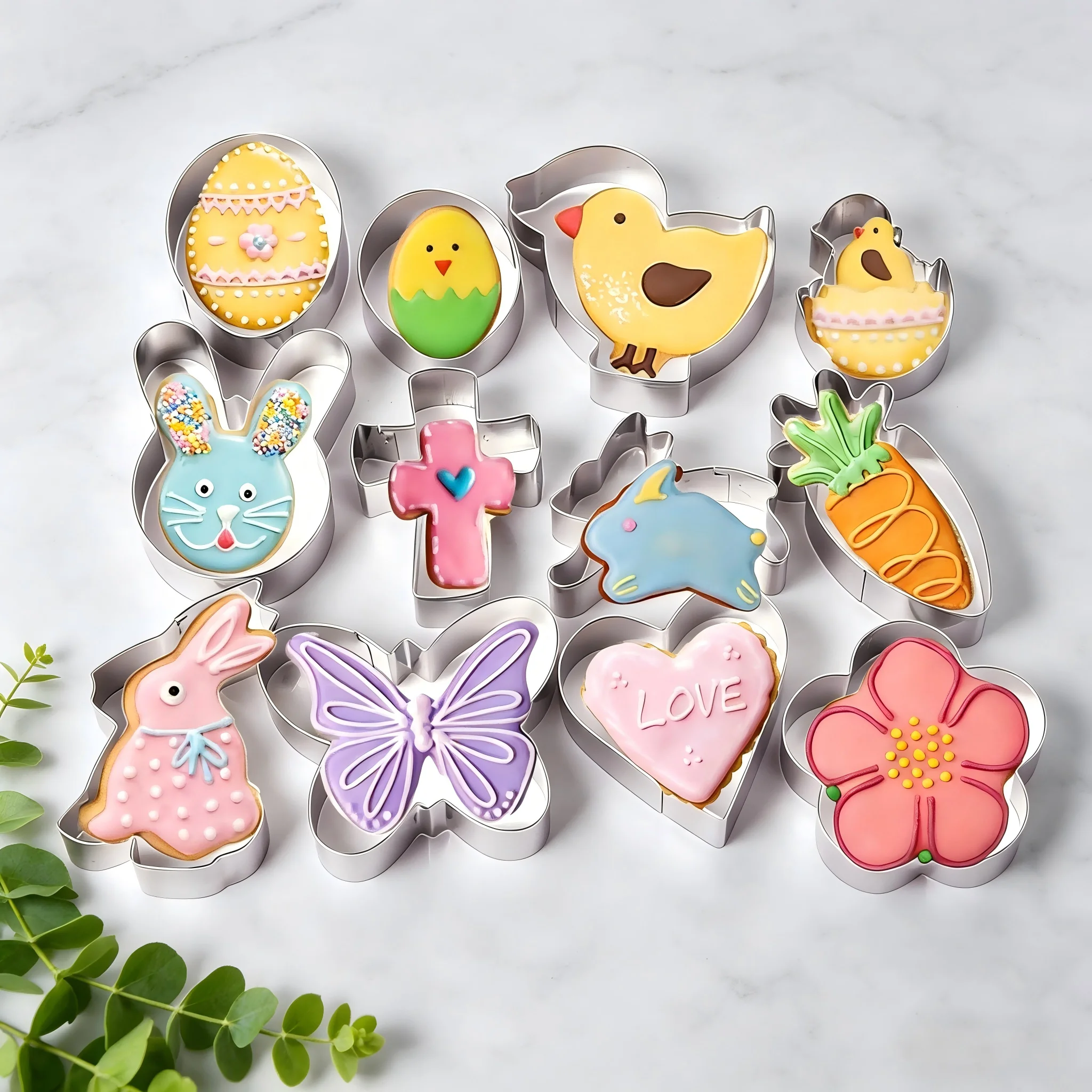 12-teiliges Oster-Ausstechformen-Set aus Edelstahl, wiederverwendbar, leicht zu reinigen, für Kekse, Gebäck, DIY, Zuhause, Kinder, Osterparty, Backen