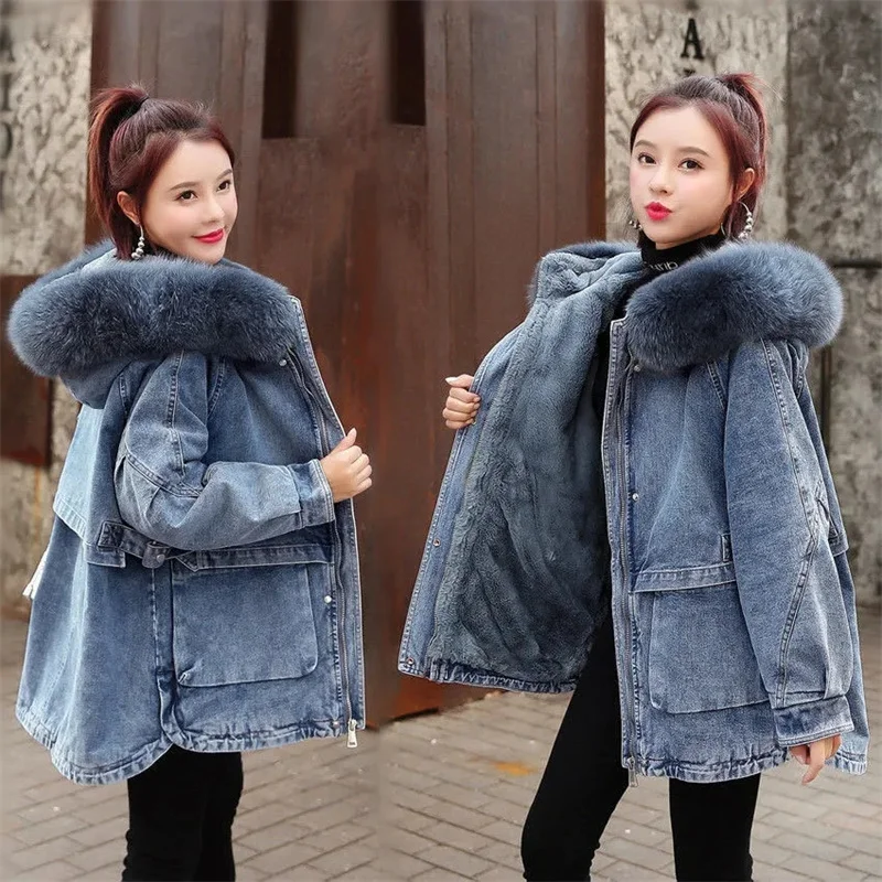 

Winter Denim Coat Women Add Velvet Thicken Warm Denim Parkas Female Imitate Lamb Fur Lining Medium Length Loose Denim Jacket