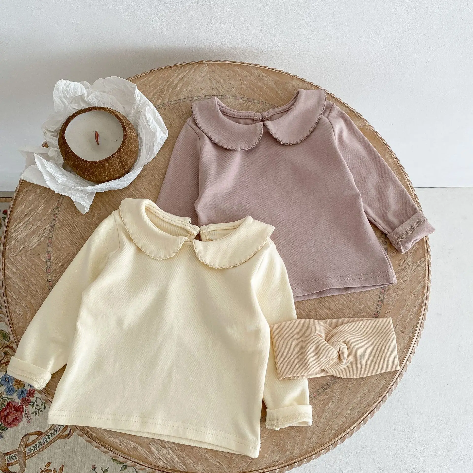 Instagram Spring Baby Boys And Girls Trendy Versatile Solid Color Doll Neck Bottom Shirt Versatile T-Shirt Long Sleeved Top