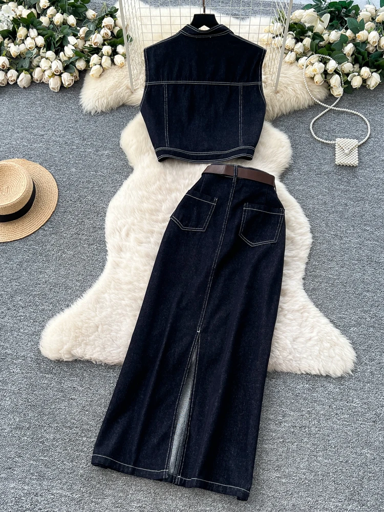 

Женская модная джинсовая юбка с высокой талией и топ на бретельках, осенний наряд, повседневная рабочая одежда, облегающий жилет с воротником-стойкой