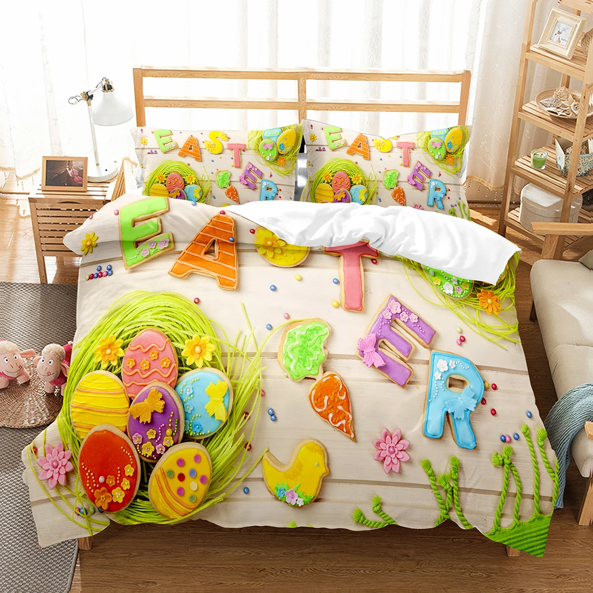 Colorful Eggs Duvet Cover Happy Easter Bedding Set Microfiber Floral Quilt Cover Single King For Kids Child Girl Easter Presents