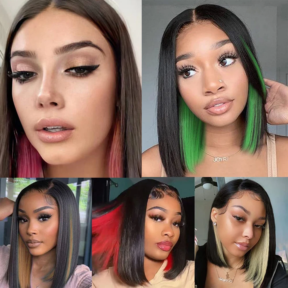 여성용 12인치 피카부 밥 가발, 짧은 스트레이트 밥 가발, 어깨 길이 검정색 및 빨간색 합성 가발, 데일리 파티용