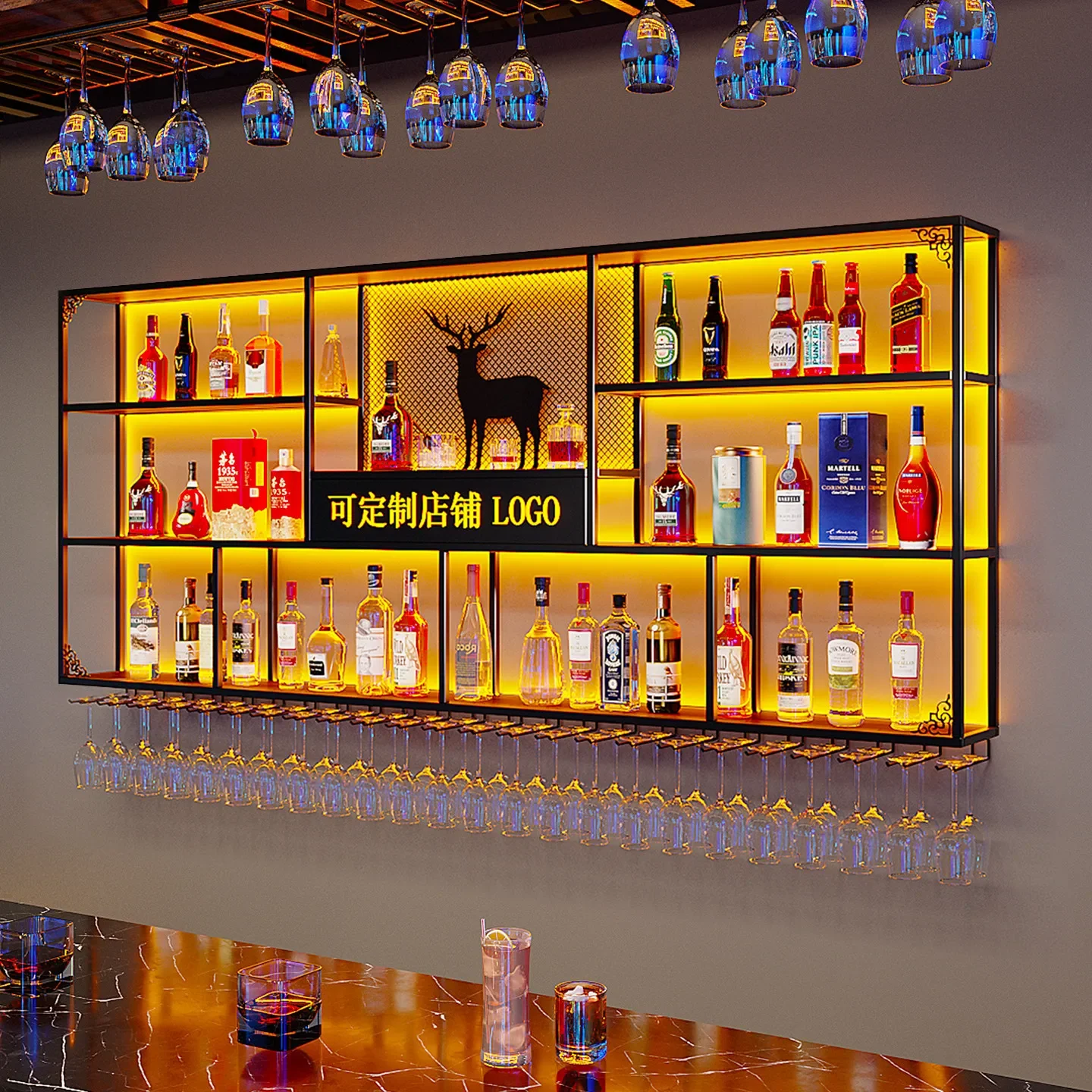 Bar Wine Cabinet Industrial Wind Wall Shelf Bar Restaurant Background Wine Rack Wall Mounted Wrought Iron Luminous Display