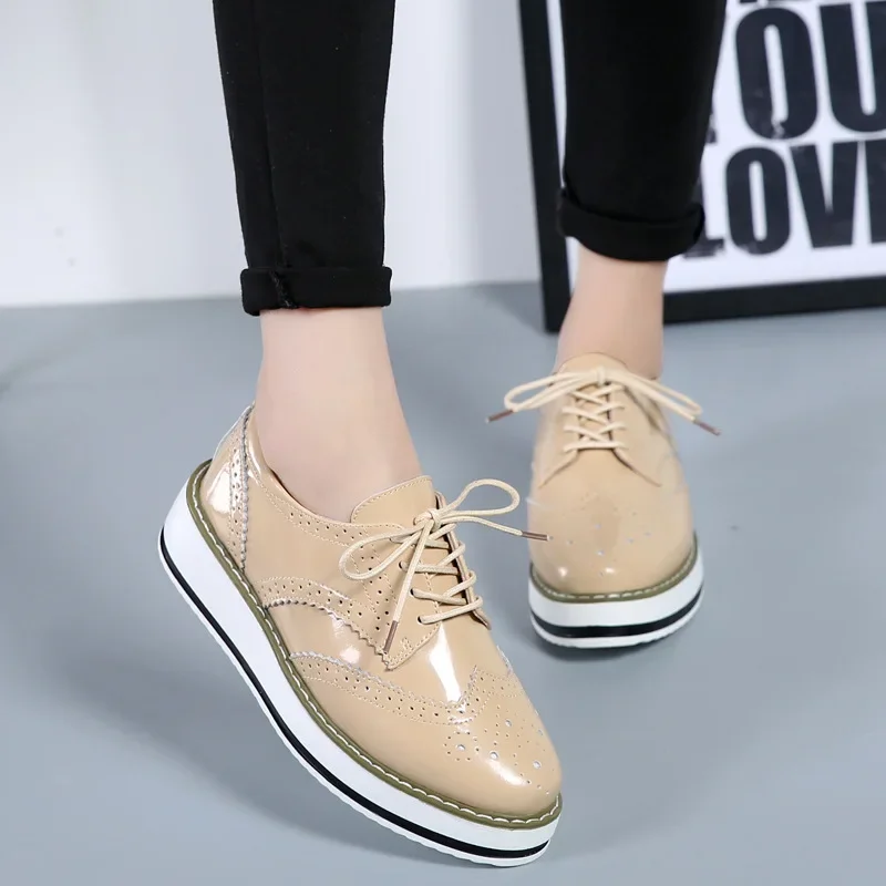 Women Platform Flats Leather Lace Up Classic Bullock Footwear Female 2023 Spring Autumn Oxford Shoes Plus Size 43 Zapatos Mujer