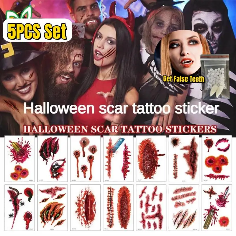 Waterproof 3D Halloween Temporary Tattoos Stickers Makeup Halloween Decorations Wound Scary Blood Injury Scars Fake Tattoos