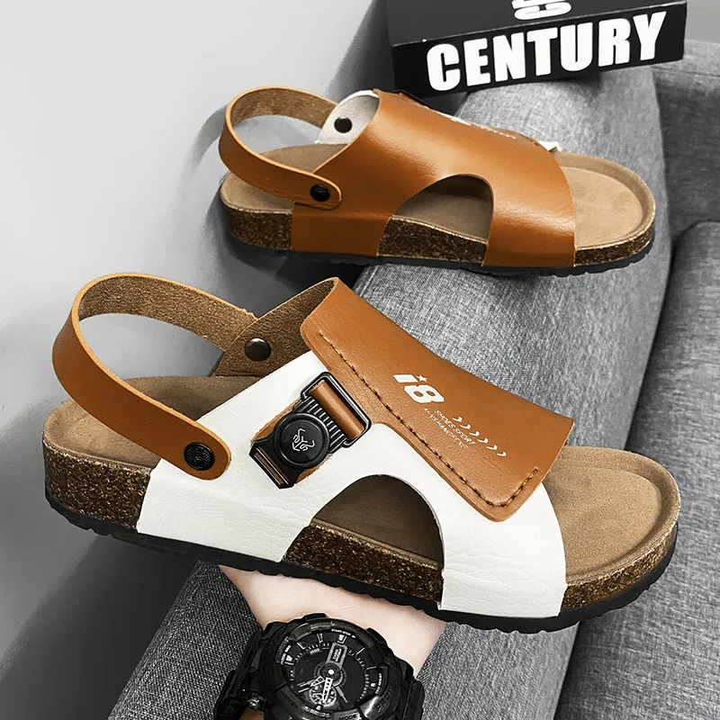 2024 Summer Sandy Beach Cork Sandals Men Fashionable Non-slip Flip Flops Fashion Slip on Leather Slippers Men