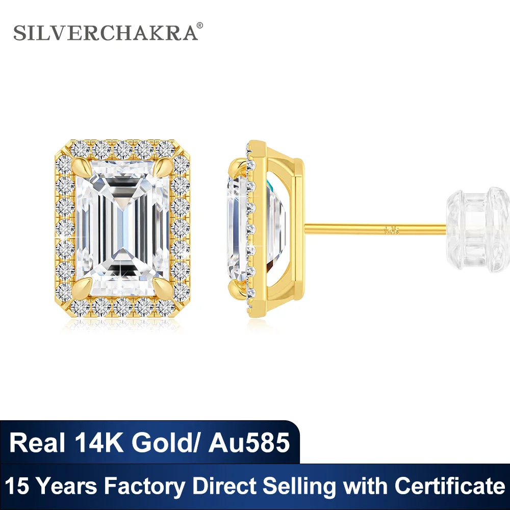 Genuine 14k Gold Stud Earrings for Women Emerald Moissanite Diamond Studs Au585 Wedding Engagement Jewelry Certified Moissanita