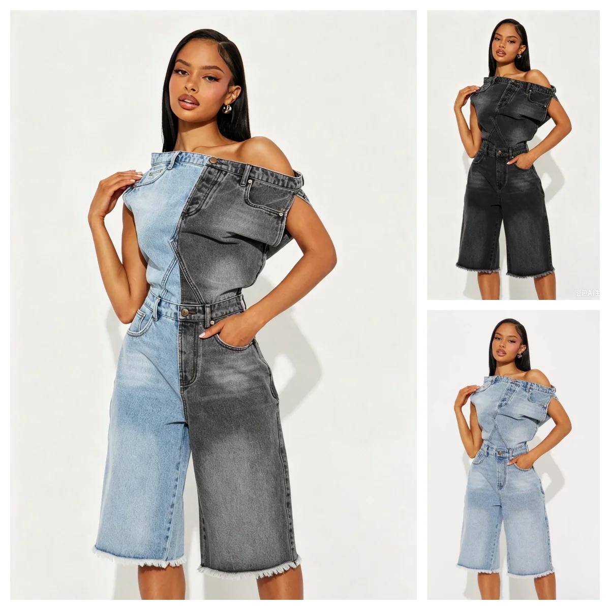 Fashion Off Shoulder Denim Irregular One Piece Jumpuits Women Short Sleeve Button Pocket Jean Rompers Female Overalls Kaluputics
