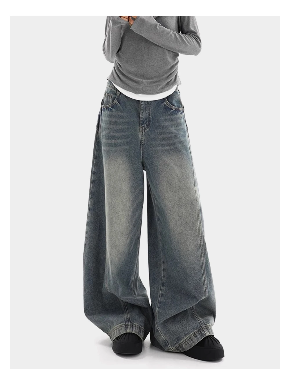 Gespleißte Jeans mit weitem Bein für Herren, gewaschen, Distressed, Retro, High Street, lockere Denim-Hose, Baggy-Hose für Herren – Detail 4