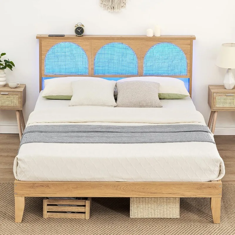 Full Bed Frame with Rattan Headboard - Full Size Bed Frame with LED Lights, Boho Platform Bed Frame Full Size with Wooden