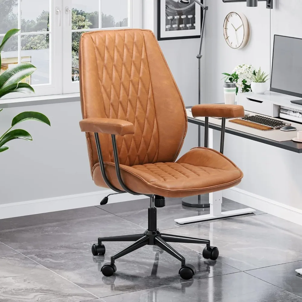 

Leather Brown Office Chair with Mid Back Support Armrests Rolling Swivel Wheels Height Adjustable Task Chair for Executive