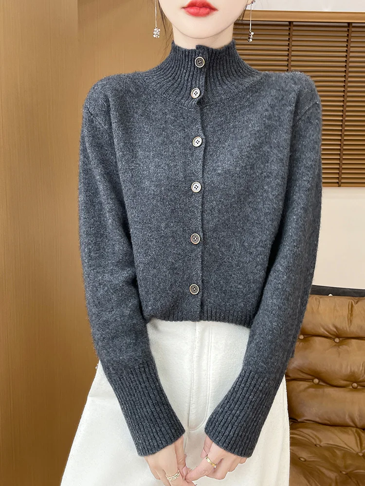 

Choice Autumn Winter Stand-up Collar Thick Cardigan For Women 100% Merino Wool High Quality Casual Solid Sweater Female Clothing