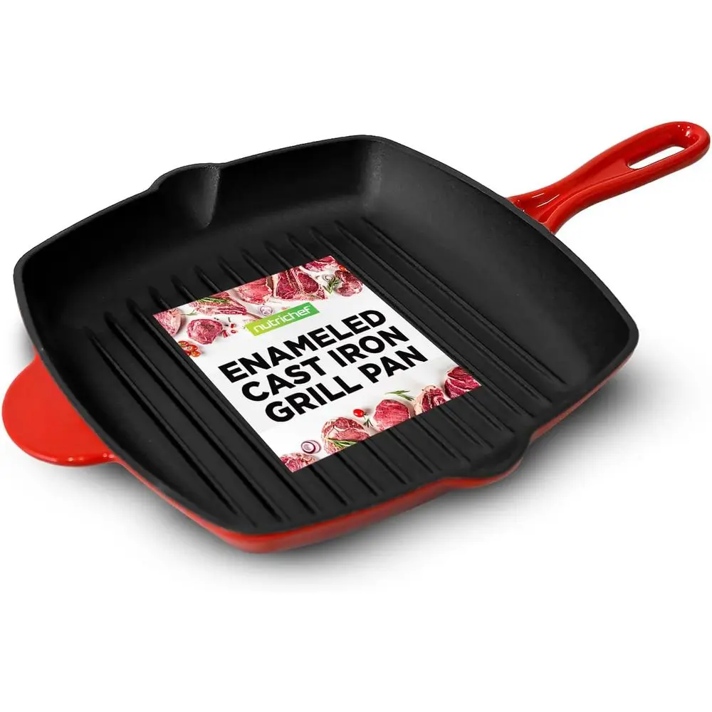 

11" Enameled Cast Iron Steak Grill Pan - Square Skillet with Drip Spout, or All Cooktops, Perect Grill Marks - NCCIES47