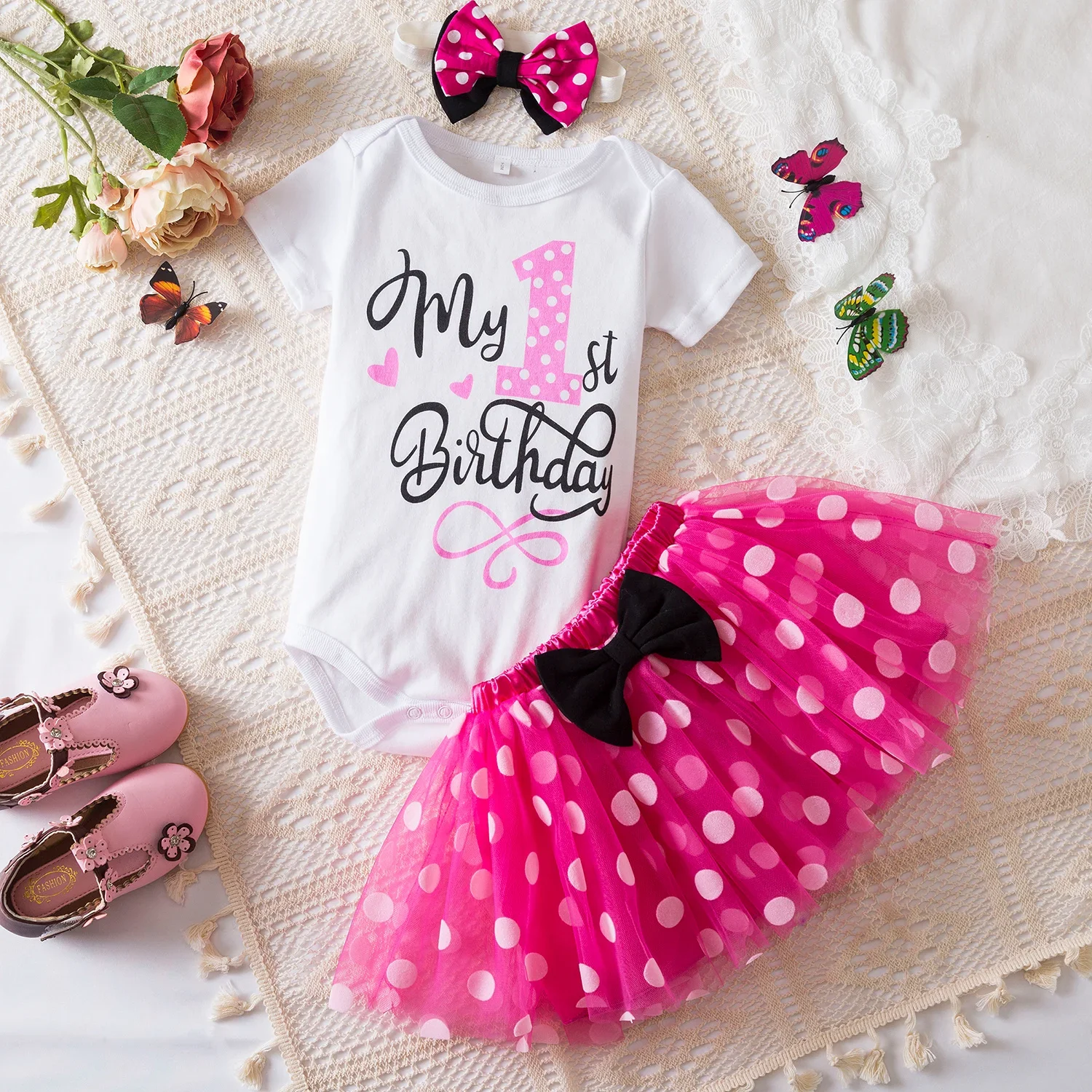 0-18M 1st Birthday Baby Girl Clothes Set Infant Newborn Toddler Dress Letter Romper Ruffle Tulle Skirts Headband Outfit Summer