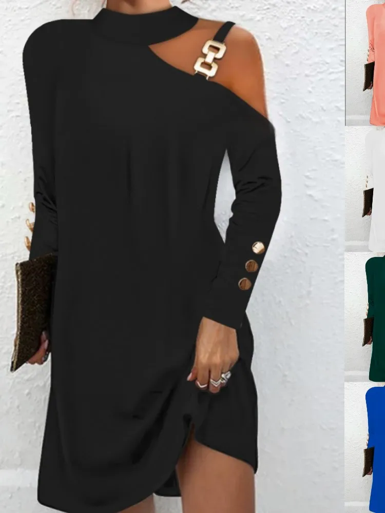 Women Sexy Off Shoulder Halter Neck Mini Dress Autumn Long Sleeve Casual Loose Solid Color Dresses Elegant Office Lady Clothing