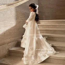 SPRAYING Long Sleeves Girl Dresses Customized Satin Sweep Train Handmade Flowers Children Wedding Dresses Birthday Formal Gown