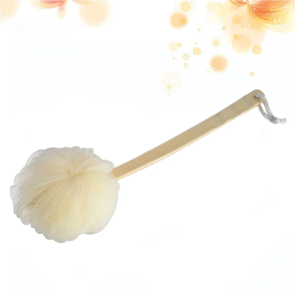 

Wooden Long Handle Bath Exfoliating Shower Sponge Bath Scrubber Body Brush Mesh Pouf Hanging String for Gentle Skin