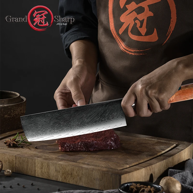 Grandsharp 6.7 Inch Nakiri Knife Professional Chef Slicing Knife Sharp Damascus Steel Kitchen Knives Vegatables Chopping Knife