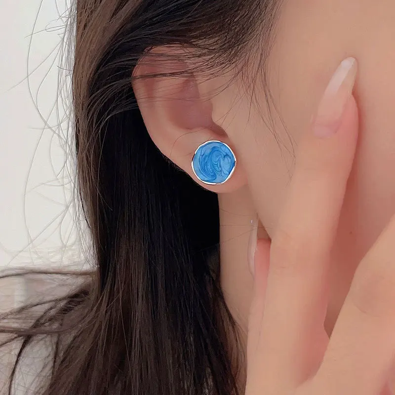 Asymmetric Enamel Blue Color Uneven Wave Surface Stud Earring for Women Creative Simple Cute Geometry Jewelry Girl Friend Gift