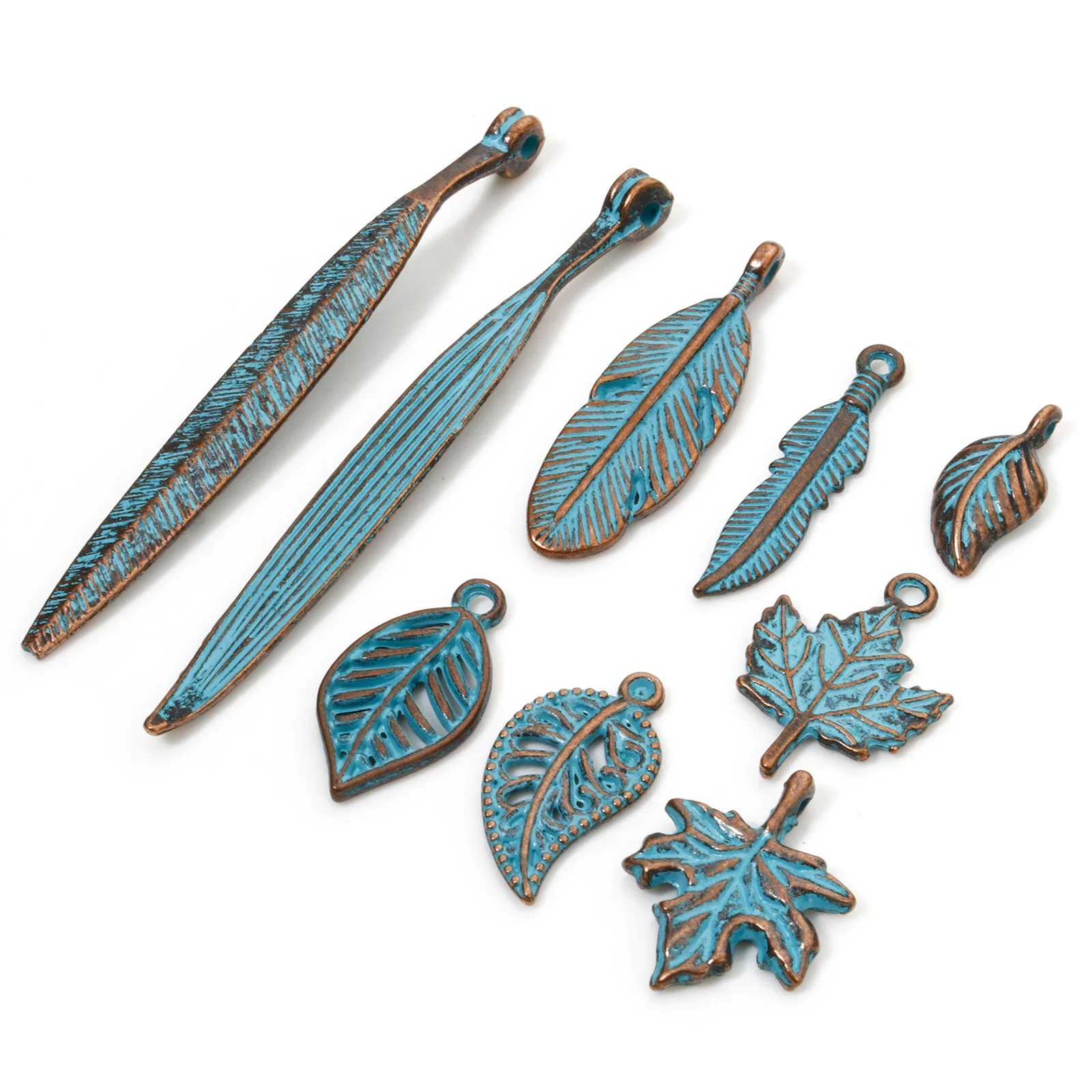 50/100 PCs Vintage Bohemia Charms Pendants Antique Copper Blue Leaf Feather Patina Pendants for Necklace Earrings Jewelry Making