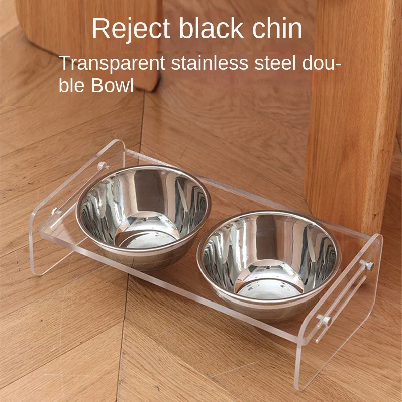 Acrylic Stainless Steel Pet Bowl Cat Bowl Cat Feeder Weighing Anti-upset Dog Bowl Dogs Accessories Double Bowl Puppy Feeder