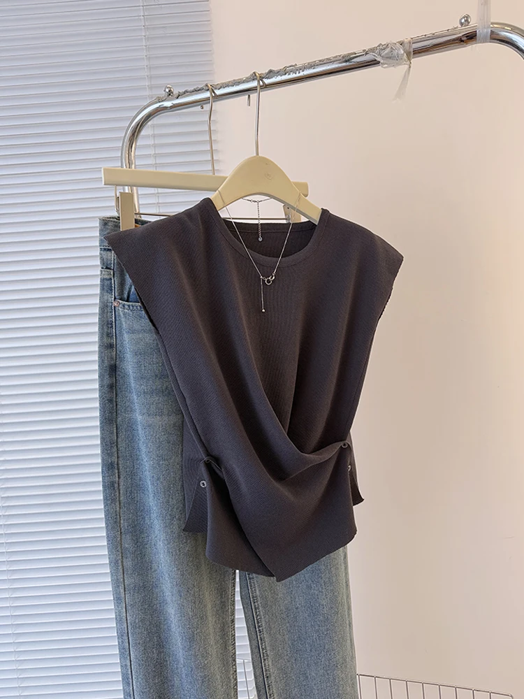 

Design Sensation Ice Silk Knitted round Ne ort Sve Overhead oulder T-irt Korean Sle Slim Fit Casual Summer Top