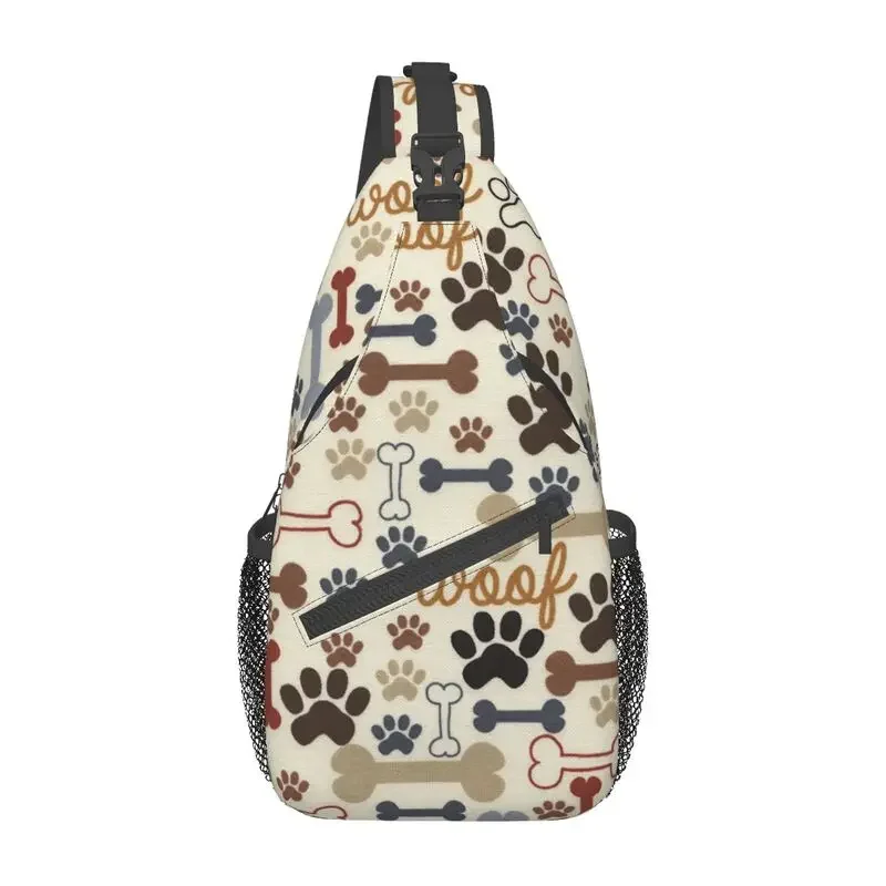 Dogs Paws And Bones Paw Print Sling Chest Bag Animal Footprint Shoulder Crossbody Backpack for Men Travel Hiking Daypack