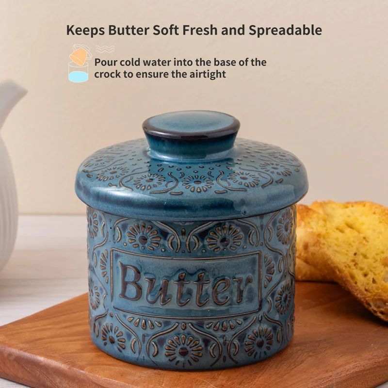 Retro kiln transformed glazed butter cup butter box dark blue glazed tape cover relief ceramic butter cup cheese storage jar