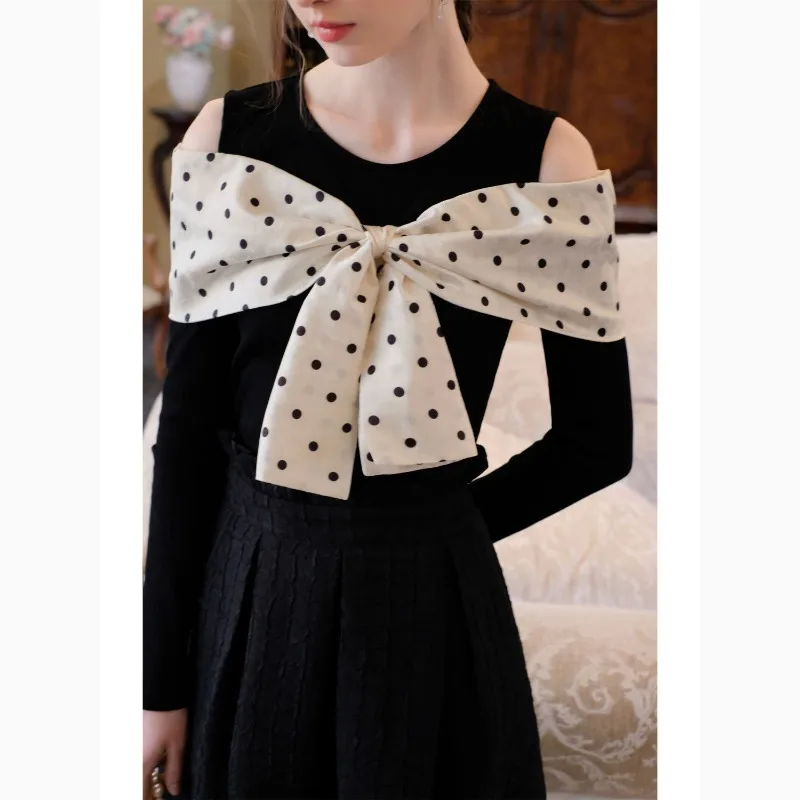 Kimotimo T Shirt Women French Retro Bow Polka Dot Patchwork Off Shoulder Long Sleeve Crop Tops 2204 Autumn Y2k Slim Tee Pullover image 6