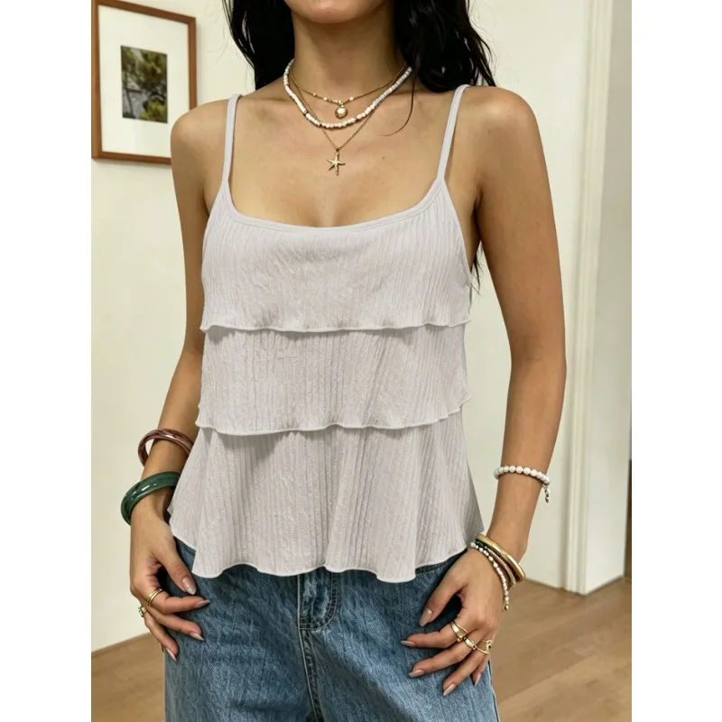 Layered Ruffle Spaghetti Strap Top Female Square Neck Textured Sleeveless Vest Summer Casual Daily Basic Camisole Tank Shirt