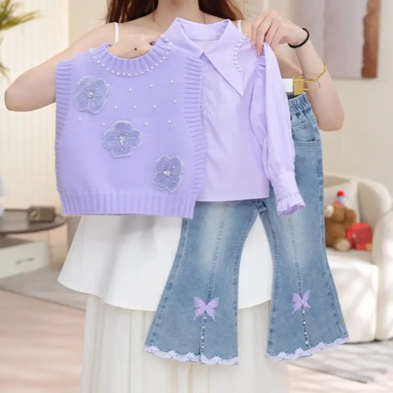 

Girls Autumn New Suit Girl Style Spring and Autumn Suit Girl Flower Vest Shirt Jeans Three-piece Set