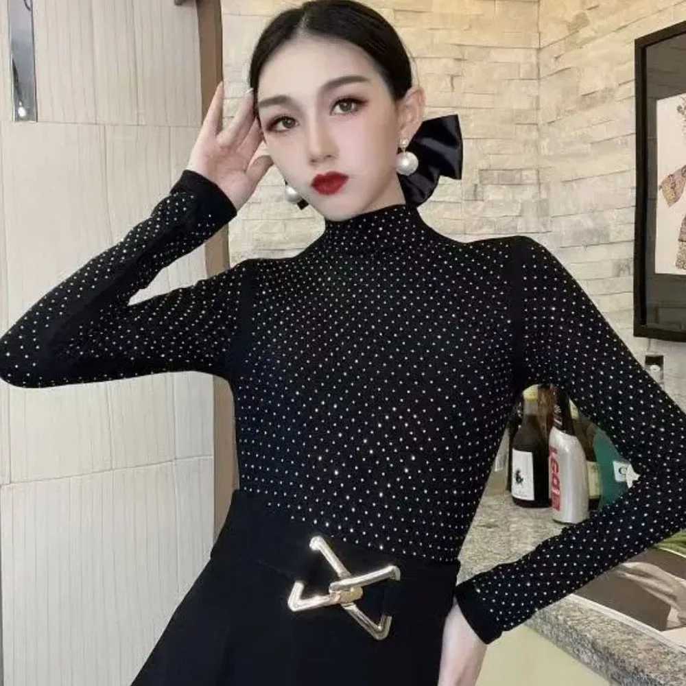 Fashion Autumn Hot Diamond T-shirt Women Turtleneck Bottoming Tops For Ladies Slim Jumper Blouse Female Tees Trend  2024 Spring