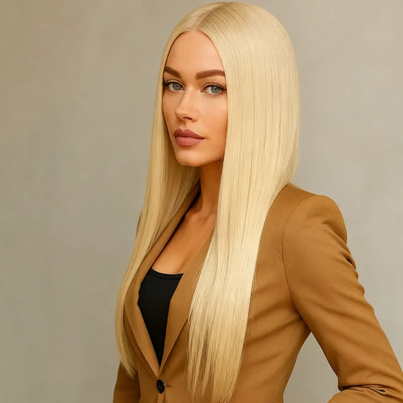 Women's golden 28 inch straight synthetic wig is fashionable and elegant, suitable for daily party wear