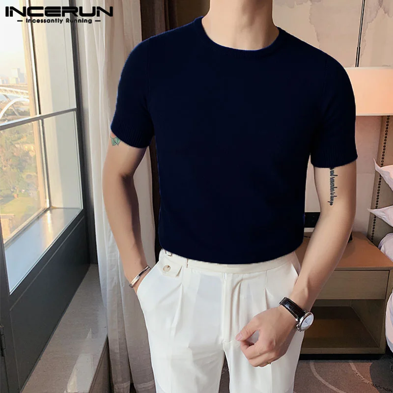 2024 Men\'s T Shirt Round Neck Short Sleeve Summer Korean Basic Tee Tops Solid Color Streetwear Casual Men Clothing S-5XL INCERUN