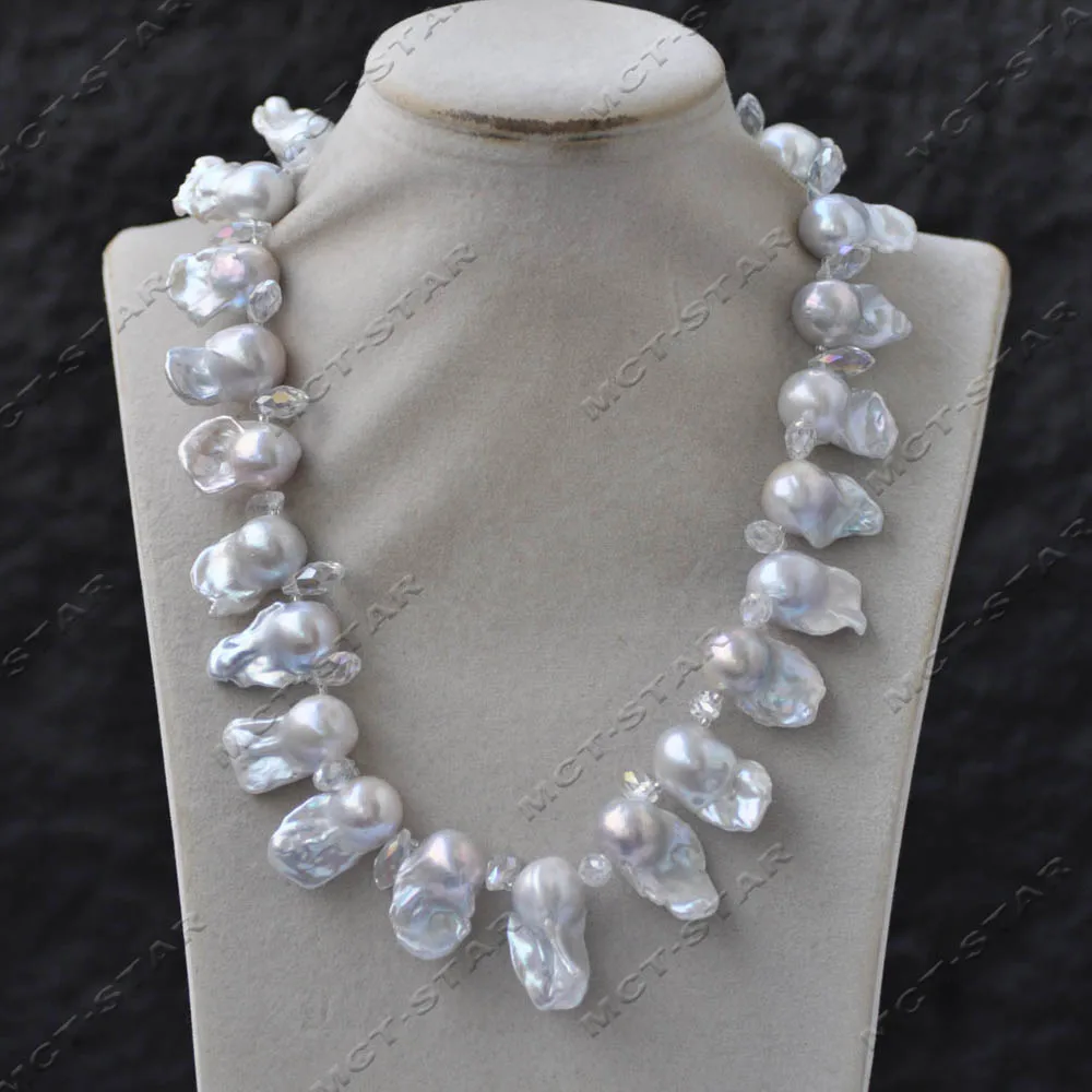 MTC·STAR 18'' 28mm White Baroque KESHI Reborn Pearl Clean Drop Crystal Necklace Custom Jewelry （Z13975 ）