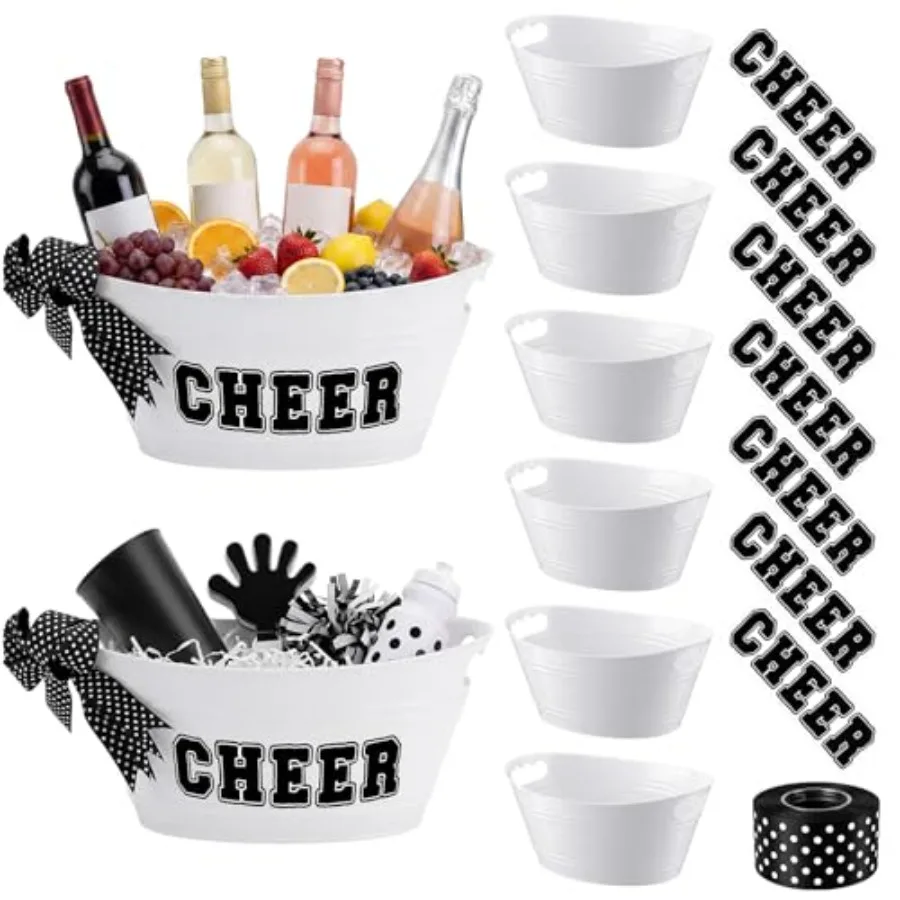 

6 Pack Plastic Ice Buckets Bulk, Cheerleading Gift Baskets for DIY Cheer Team Gifts, 4.5l Oval Storage Drink Tubs with Stickers