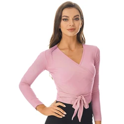 Women Ballet Gymnastic Leotard Tops Long Sleeves V Neck Solid Color Stretchy Crochet Jacket Dance Clothing for Gymnastics Yoga